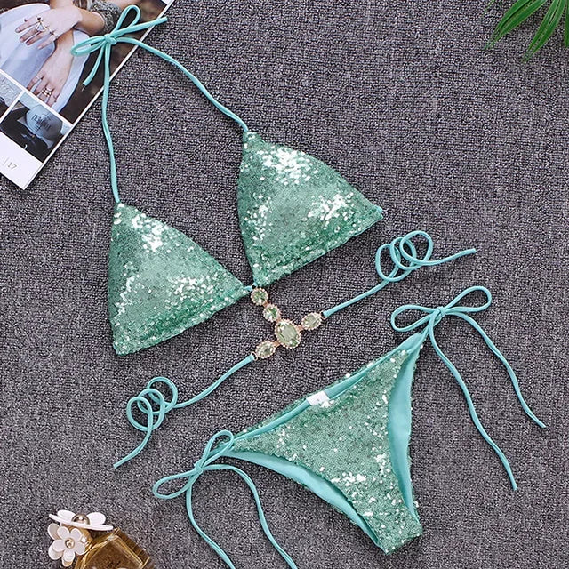 Shiny Sequins Jewelled Diamond Bikini Women Micro Bikini Swimwear Female Swimsuit Two Pieces Bikini Set Halter Bathing Suit Swim