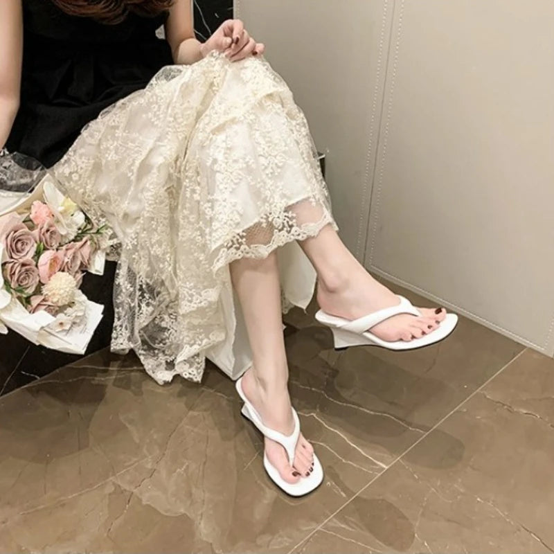 Summer Outdoor Fairy oes Simple Toe Clip High Heels Sandals Women's Flip Flops Korean Sle PURubber Sole