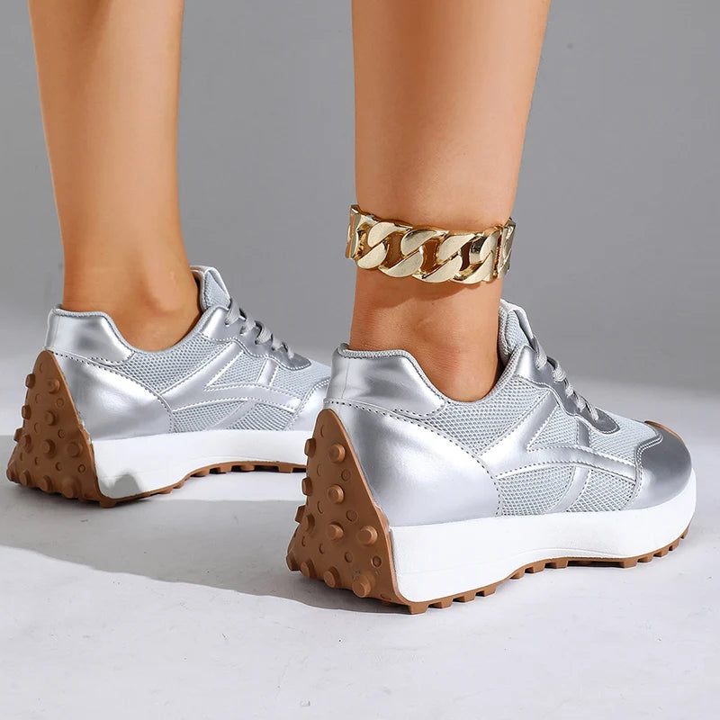 Fashion Thick Sole Silver Sneakers Women 2026 Plus Size 43 Breathable Platform Sport Shoes Woman Anti Slip Lace Up Running Shoes