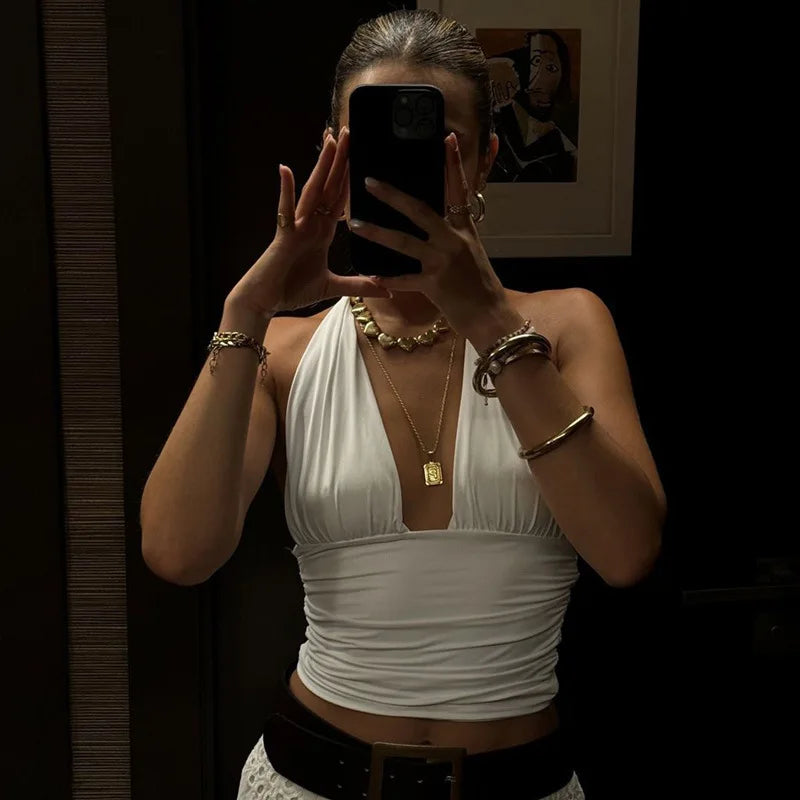 FDYOUI Sexy Deep V-neck Bandage Solid Crop Tops Women's 2026 Summer Halter Off Shoulder Sleeveless T-shirt Vacation Corset Top