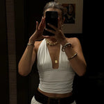 FDYOUI Sexy Deep V-neck Bandage Solid Crop Tops Women's 2026 Summer Halter Off Shoulder Sleeveless T-shirt Vacation Corset Top
