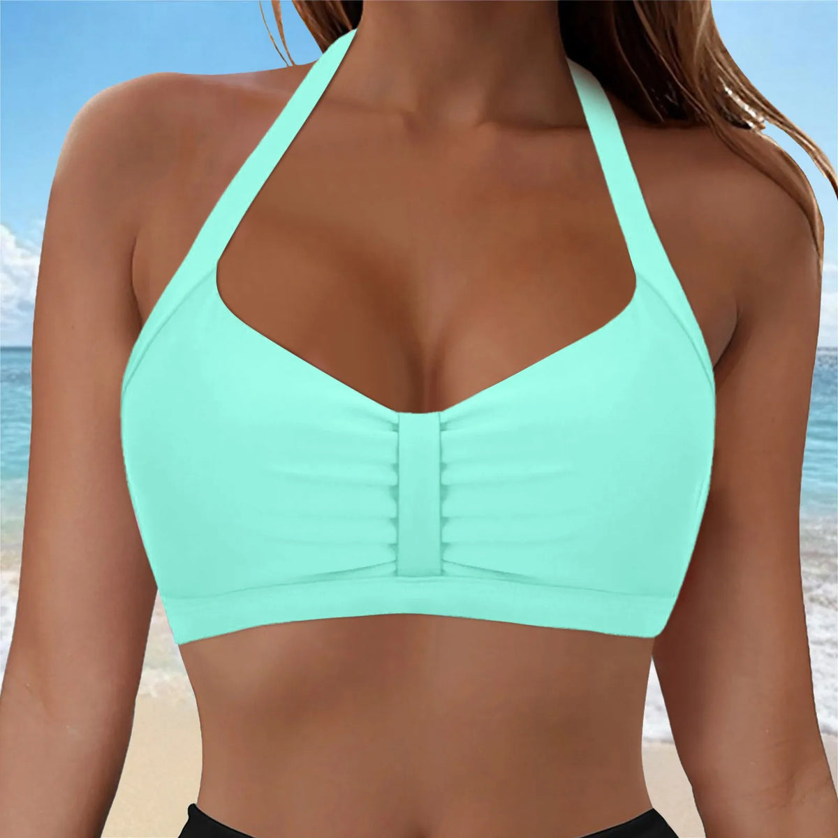 Womens Halter Neck Ruched Bikini Top Padded Push Up Swim Tops Adjustable Tie Back Bathing Suit Top Beach Pool Vacation Swimwear