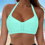 Womens Halter Neck Ruched Bikini Top Padded Push Up Swim Tops Adjustable Tie Back Bathing Suit Top Beach Pool Vacation Swimwear