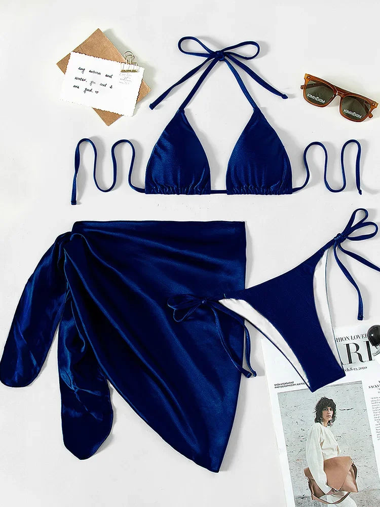 3pcs Halter with Skirt Sarong Satin Bikini Women Swimwear Female Swimsuit Three-pieces Bikini Set Micro Bather Bathing Suit Swim