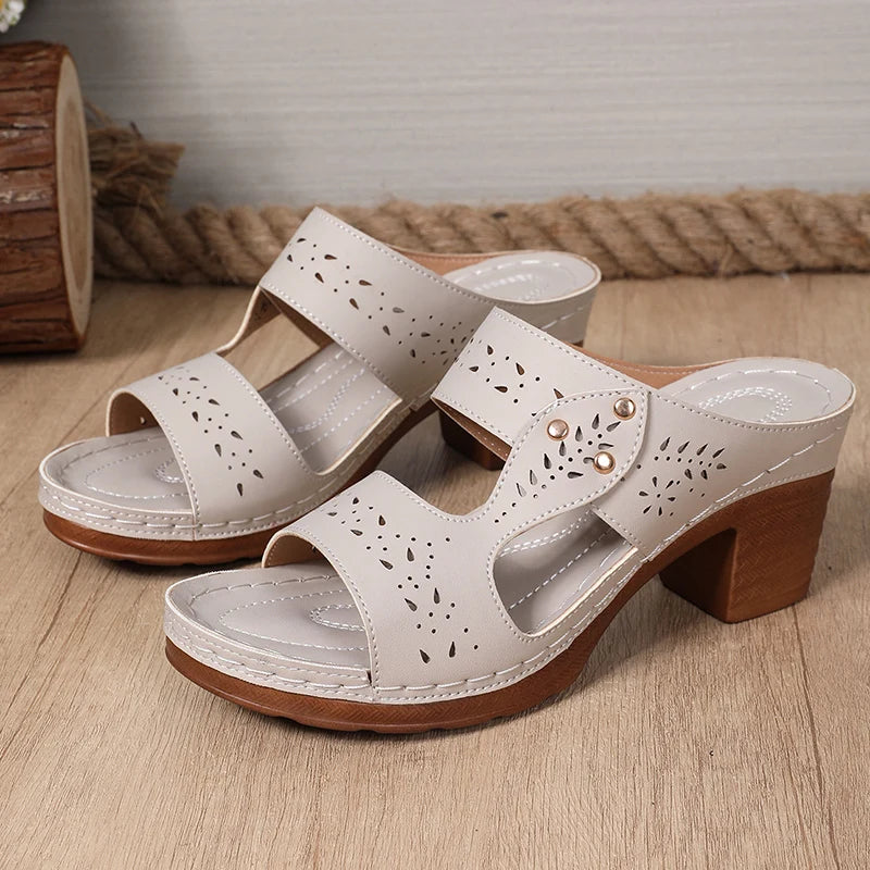 Lightweight High-Heeled Sandals Women Plus Size 43 Hollow Out Thick Heel Slippers Woman Summer Slip On Platform Sandles Female