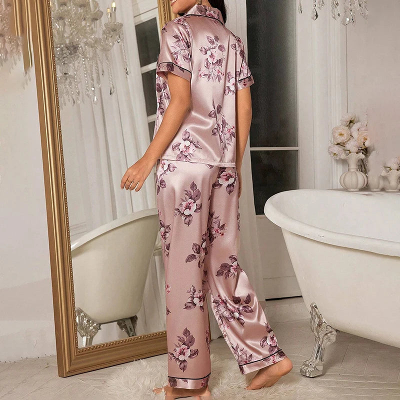 Women's Pajamas Elegant Satin Sleepwear Pj Set Flower Print Short Sleeve Buttons Lapel Tops & Long Pants Nightwear Home Clothes