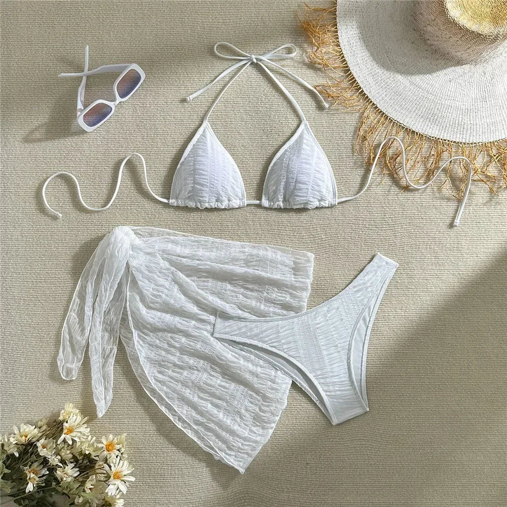 Yellow Micro Thong 3 Piece Bikini Set Damen Mesh Cover Up String Halter Swimwear Sexy Swimsuit Women 2025 Bathing Suit Bikinis