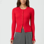 Autumn Winter Sweater Cardigan Women Solid Color Long Sleeve Round Neck Button Up Ribbed Knitwear Slim Coat