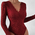 Sexy White Lace Bodysuit Women Solid Color Long Sleeve Sheer Corset Top Autumn Ruffles V Neck See Thourgh Slim Fit Jumpsuit