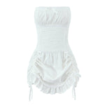 Foridol White Cotton Summer Women's Dress 2025 Off Shoulder Strapless Mini Beach Dress Casual Flower Embroidery Drawstring Dress