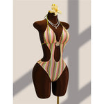Striped Colorful Halter Cut Out One Piece Swimsuit Women Swimwear Female Monokini High Leg Cut Bather Bathing Suit Swim V8304