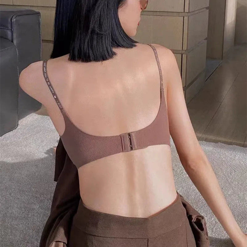 Plunge Non-wire Triangle Cup Bra Women's Invisibale Underwear Letter Straps Ribbed Bralette Sexy Lingerie Sleep Intimates S-XL