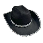 Women Shiny Sequined Wide Brim Cowboy Hat Western Style Sun Cap for Club Party