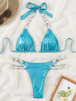 Snake Printed Halter Rhinestone Diamond Bikini Women Swimwear Female Swimsuit Two-pieces Bikini Set Brazilian Bathing Suit Swim
