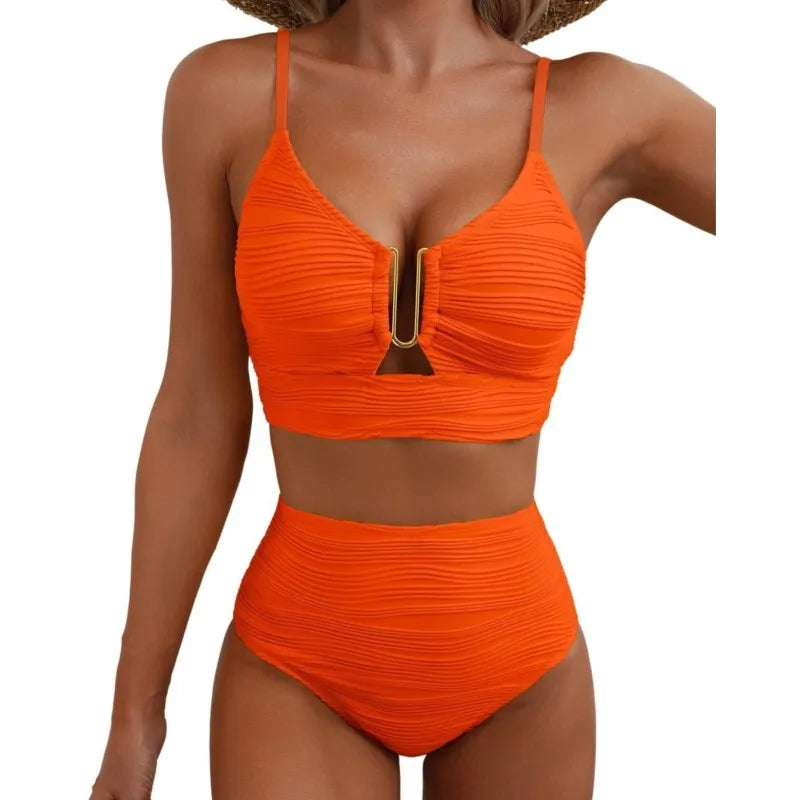 Women's New Swimsuit Bikini Set Fashion Sexy V-neck Hollow Swimsuit High Waist Textured Ruffled Swimsuit Women's Bikini Women