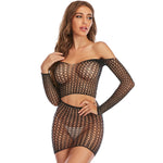 Mature and plus-size women's clothing, fishnet dress, sheer design, suitable for nightclub wear, and a sexy lingerie set.