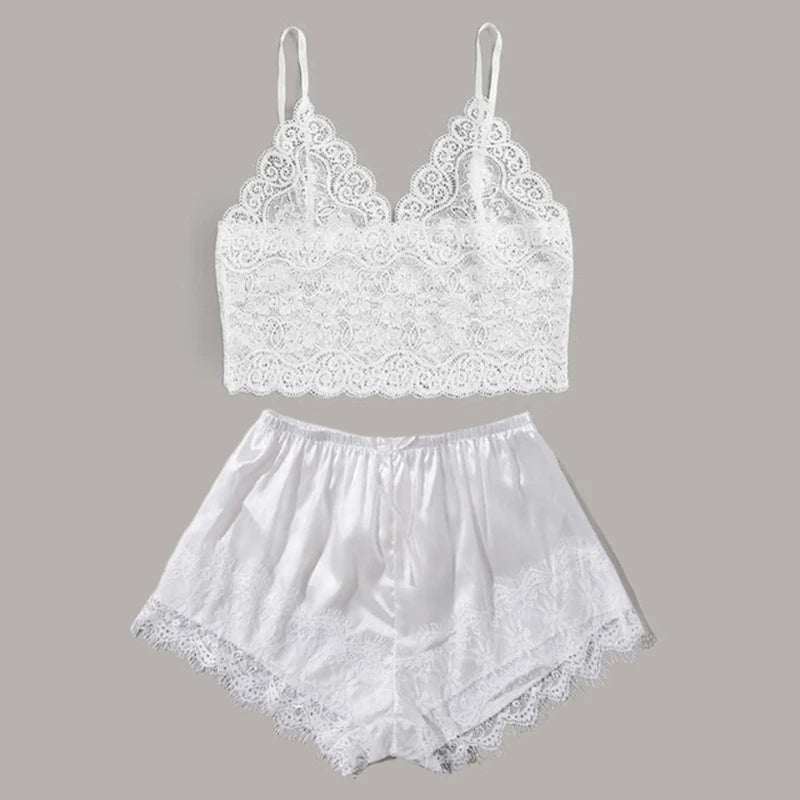 4PCS Women's Long Pajamas Set White Lace Satin Silk Night Lingerie Tops And Shorts Casual Sleepwear Loose Wedding Home Gown