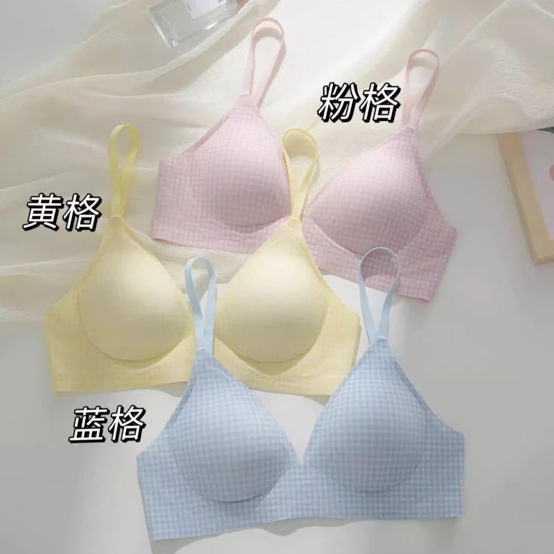 Japanese Checkered Crop Top Bra Small Bust Anti-Sagging Wirefree Pure Cotton Bralette Beachwear Light Support Set S-XL AU MOYISU