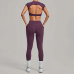 Women's Seamless Yoga Sets Sports Running High Waist Hip-lifting Pants Backless Short-sleeve Suits Workout Fitness Leggings Sets