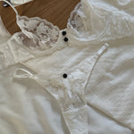 Sexy Lace Flowers Embroidery Lingerie Set for Women Ultra Thin Breathable Bra Button Decoration Underwear French Bras Thong Sets