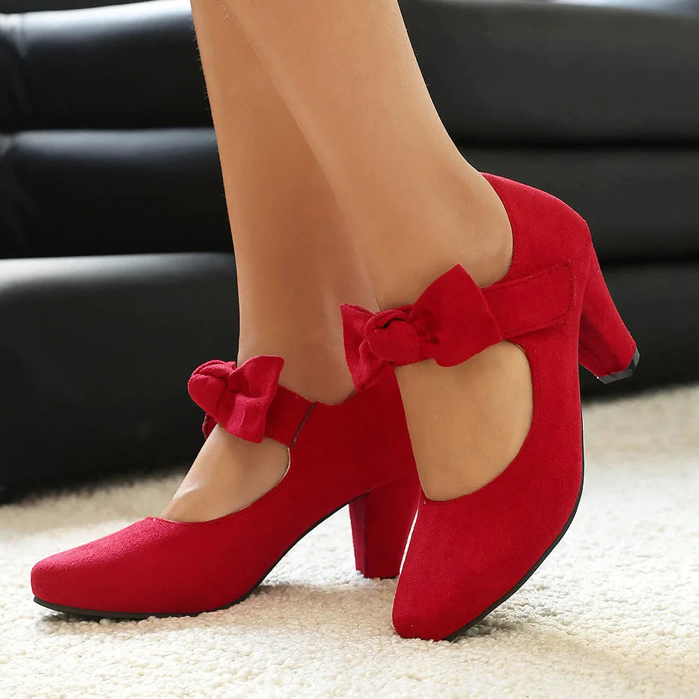 2026 Plus Size 45 Vintage Bowknot Bow Mary Jane Shoes Women 7cm High Heeled Retro Suede Look Brown Lolita Block Heel Pumps