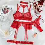 Toucheart 5 Piece Sexy Embroidery Underwear Set for Women Mesh Patchwork See-through Halter Underwear Garters Sexy Lingerie Set