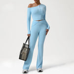 2 Pieces Women's Seamless Yoga Set Long-sleeved Shirt Flared-pants Tracksuit Running Fitness Sports Set Slim-fit High Waist Suit