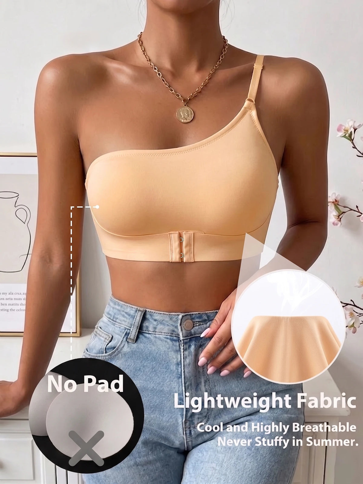 Women One Shoulder Bra Front Closure Unlined Push Up Brassiere Bandeau Thin Comfort Non-slip Lingerie