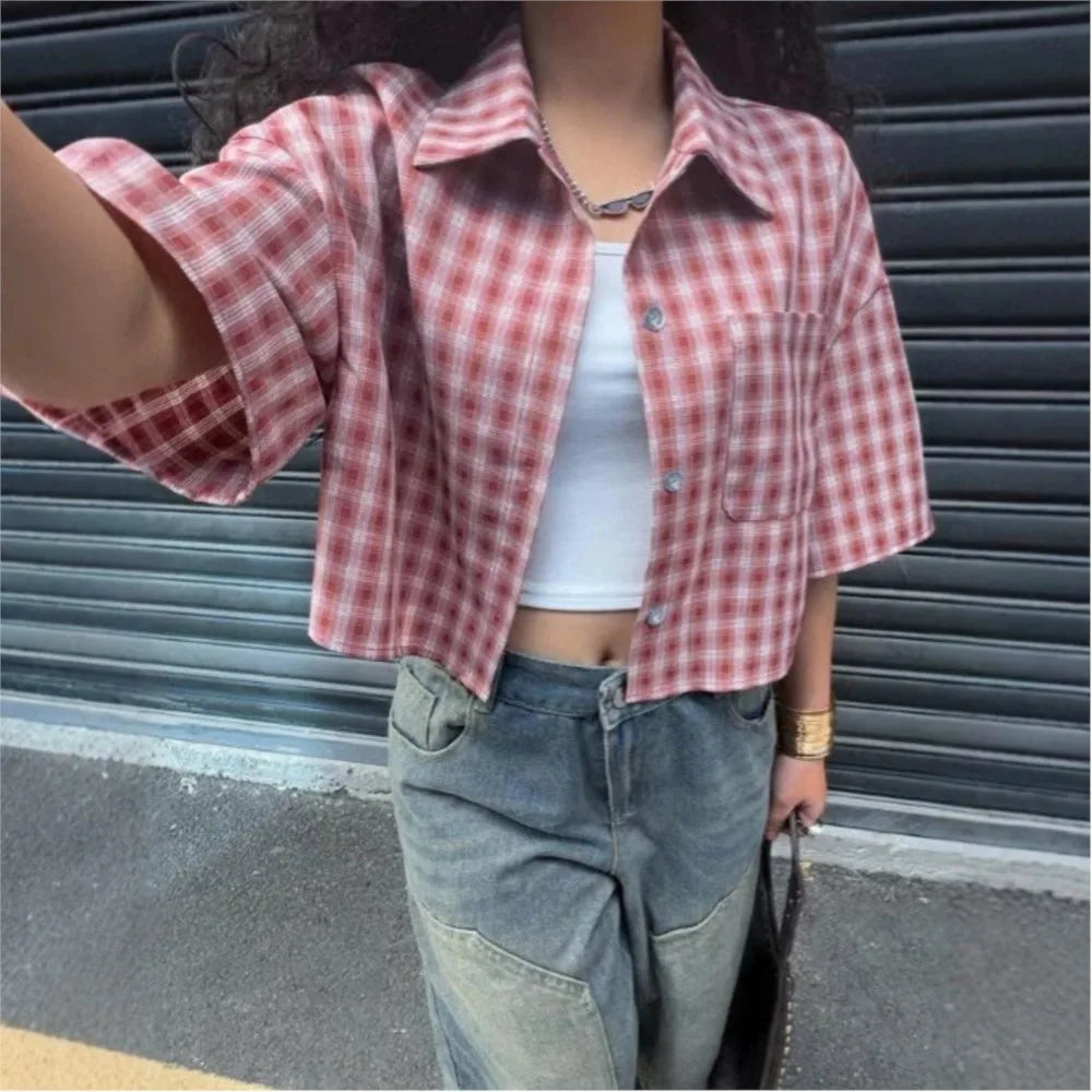 Casual Shirts Shirts & Blouses Women's Clothing Simple Style Street Personality Contrast Lattice Quarter Sleeves Fashion Trendy