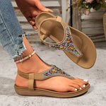 Fashion Rhinestone Bohemian Sandals Women 2025 Summer Clip Toe Flats Beach Sandles Woman Non Slip Elastic Band Sandalias Mujer