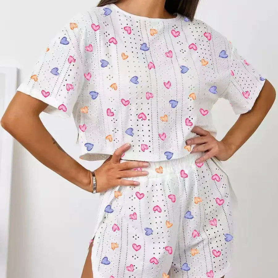 Women Pajamas Set Women's Short Sleeve Shorts Jacquard Print Summer Fashion Two-piece Pajamas Homewear Set Loungewear for Women
