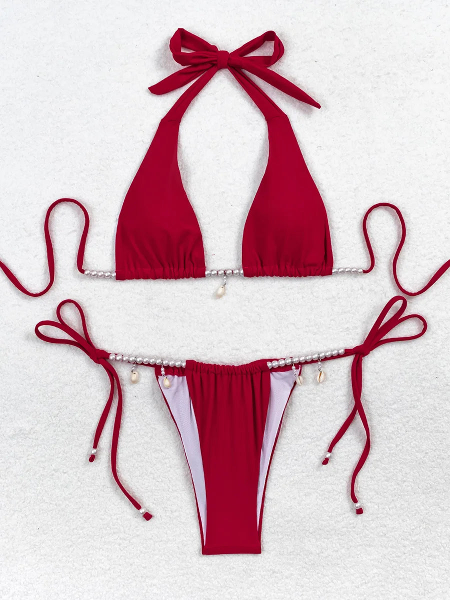 Pearls Halter High Cut Strappy Bikini Women Swimwear Female Swimsuit Two-pieces Bikini Set Bather Bathing Suit Swim Beachwear