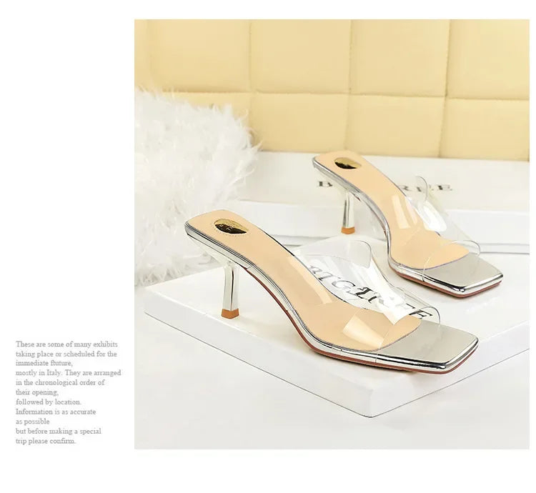 BIGTREE Sexy Silver PVC Transparent Crystal Womens Slippers 2026 Summer Square Toe Thin High Heels Sandals Ladies Shoes