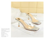 BIGTREE Sexy Silver PVC Transparent Crystal Womens Slippers 2026 Summer Square Toe Thin High Heels Sandals Ladies Shoes