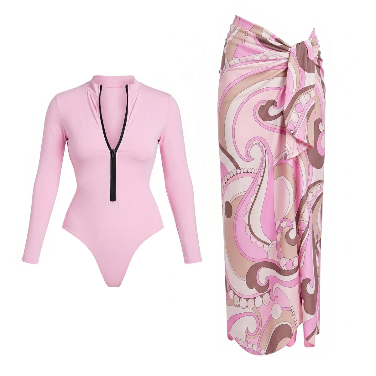 Black And Printed Long Sleeve Swimsuit With Cover Up Sexy Swimwear Women Surf Swim Suit Slimming Bathingsuit Bodysuit Beachwear