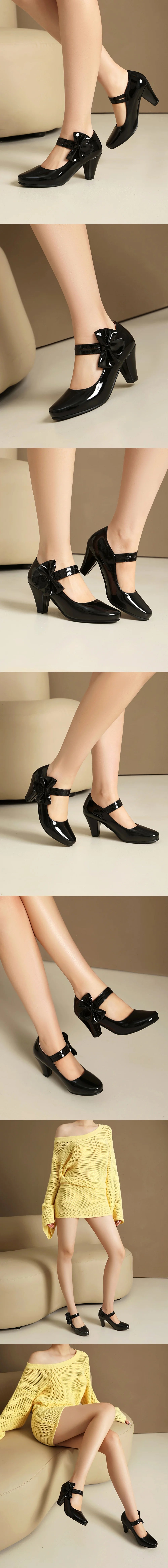 Plus Size 33-48 Sweet Polka Dot Mary Jane Heels Shoes Women Pink Blue Side Bow Tie Round Toe Chunky Block Heel Cute Lolita Pumps