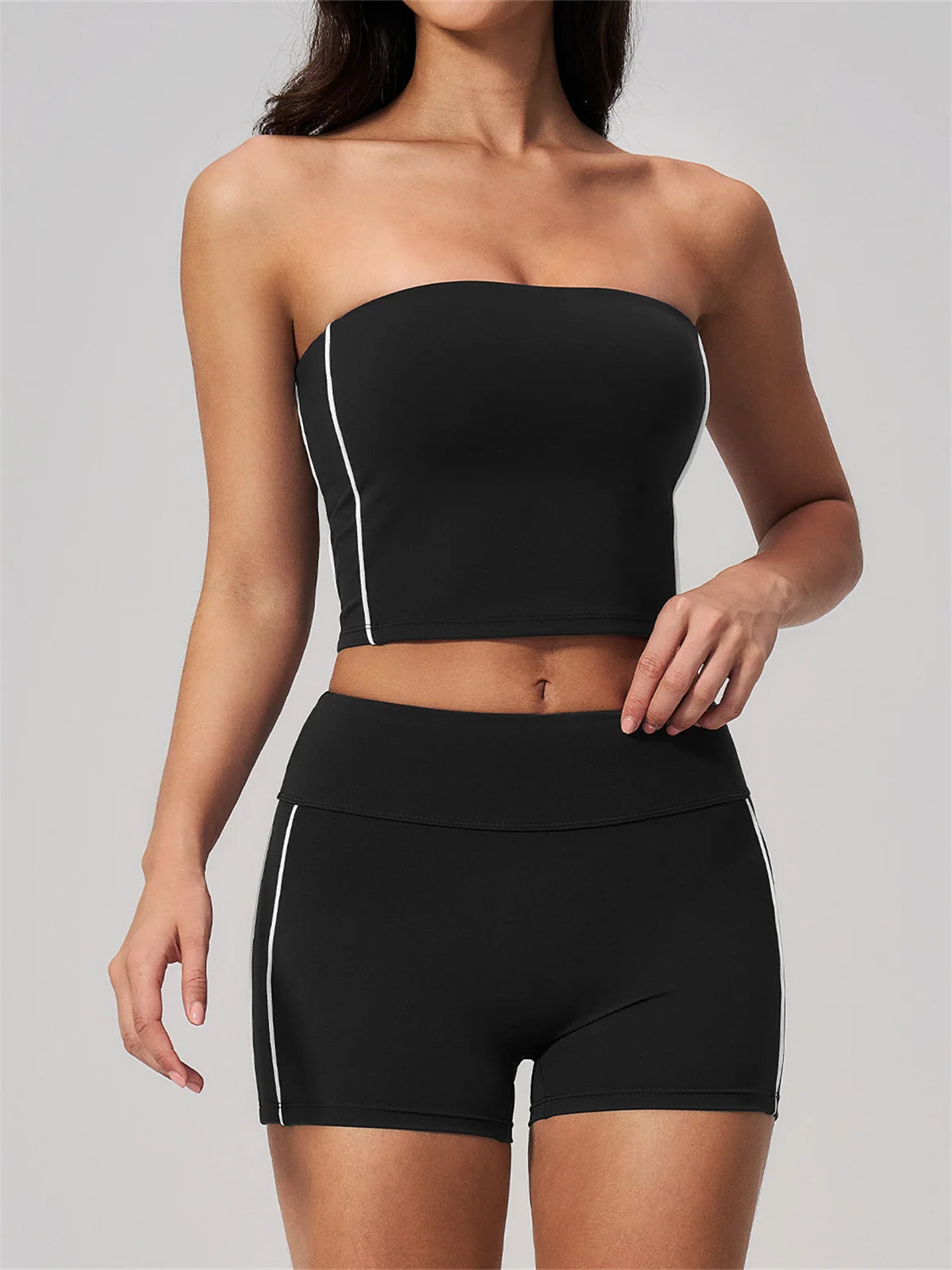 Summer Tight Yoga Suit Women Color Contrast Strapless Slim Sports Tank Top Shorts Fitness Suit Gym Running Workout Tracksuit