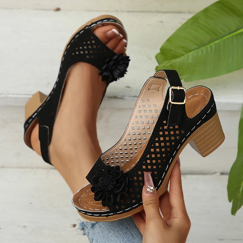 Fashion Flowers High Heels Sandals Women Back Strap Hollow Out Summer Sandles Woman 2025 Plus Size Thick Heeled Sandalias Mujer