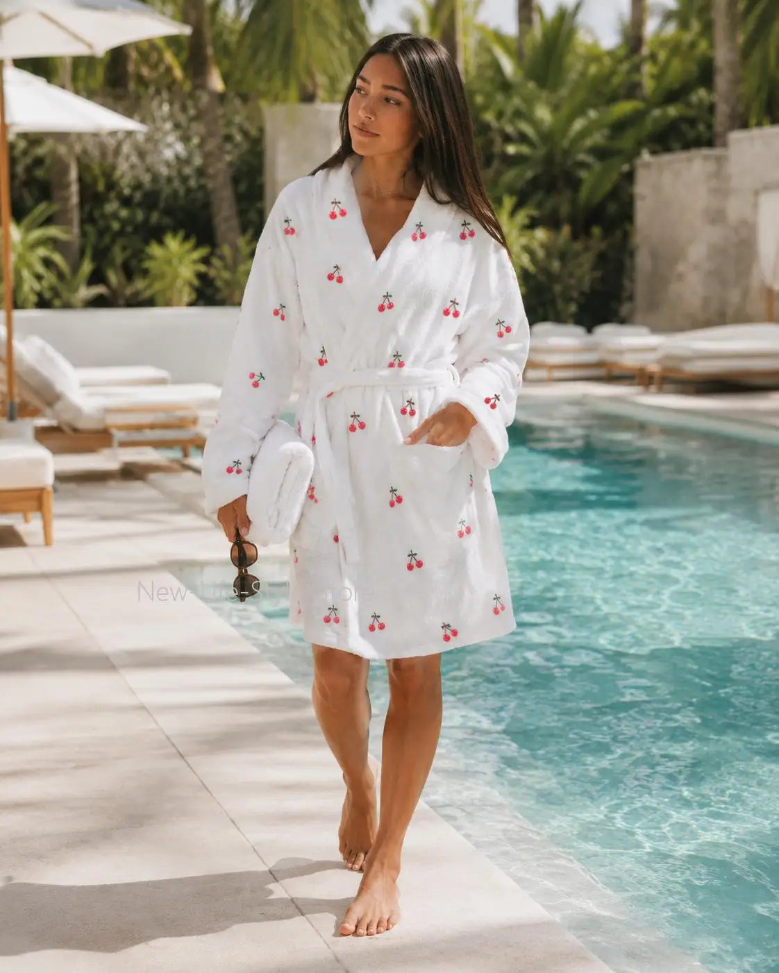Soft Casual Home Loungewear Sleepwear Women White Terry Cloth Bathrobe Cute Cherry Print Loose Belted Dressing Gown