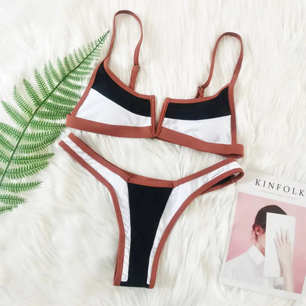 Splicing V Shaped Micro Thong Bikini Women Swimsuit Female Swimwear Two Pieces Bikini Set Push Up Bathing Suit Swim Beachwear