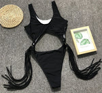 Tummy Cut Out Splicing Fringe Tassel Women Swimwear One Piece Swimsuit Female Monokini High Leg Cut Bathing Suit Swim Beach Wear