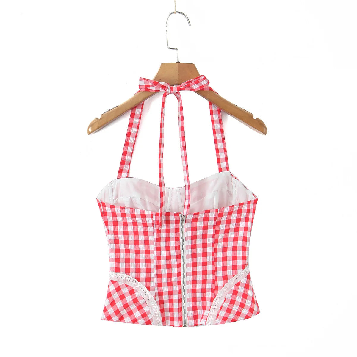 Early Spring New French Style Sexy Sweet Lace Patchwork Slim Fit Halter Neck Tie Plaid Strap For Woman Cute Pure Desire DW8V