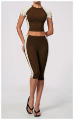 Color Blocking 2PCS Yoga Set Women's Tracksuit Short Sleeve O Neck Sports T Shirts High Waist Cropped Pants Tight Fitness Suits