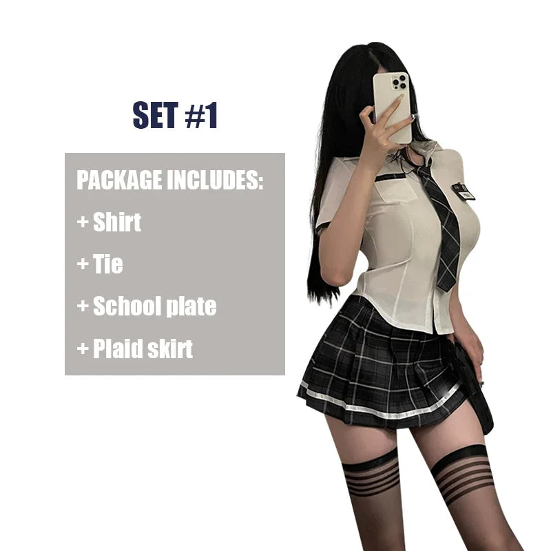 Women Sexy Lingerie Slim Fit Schoolgirl Cosplay Outfit Student JK Uniform Shirt with Plaid Pleated Skirt Panties Set Costume