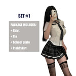 Women Sexy Lingerie Slim Fit Schoolgirl Cosplay Outfit Student JK Uniform Shirt with Plaid Pleated Skirt Panties Set Costume