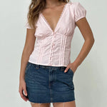 Women's Summer Solid Color Casual Shirt Short Sleeve Deep V Neck Lace Trim Buton Up Party Sweet Crop Tops