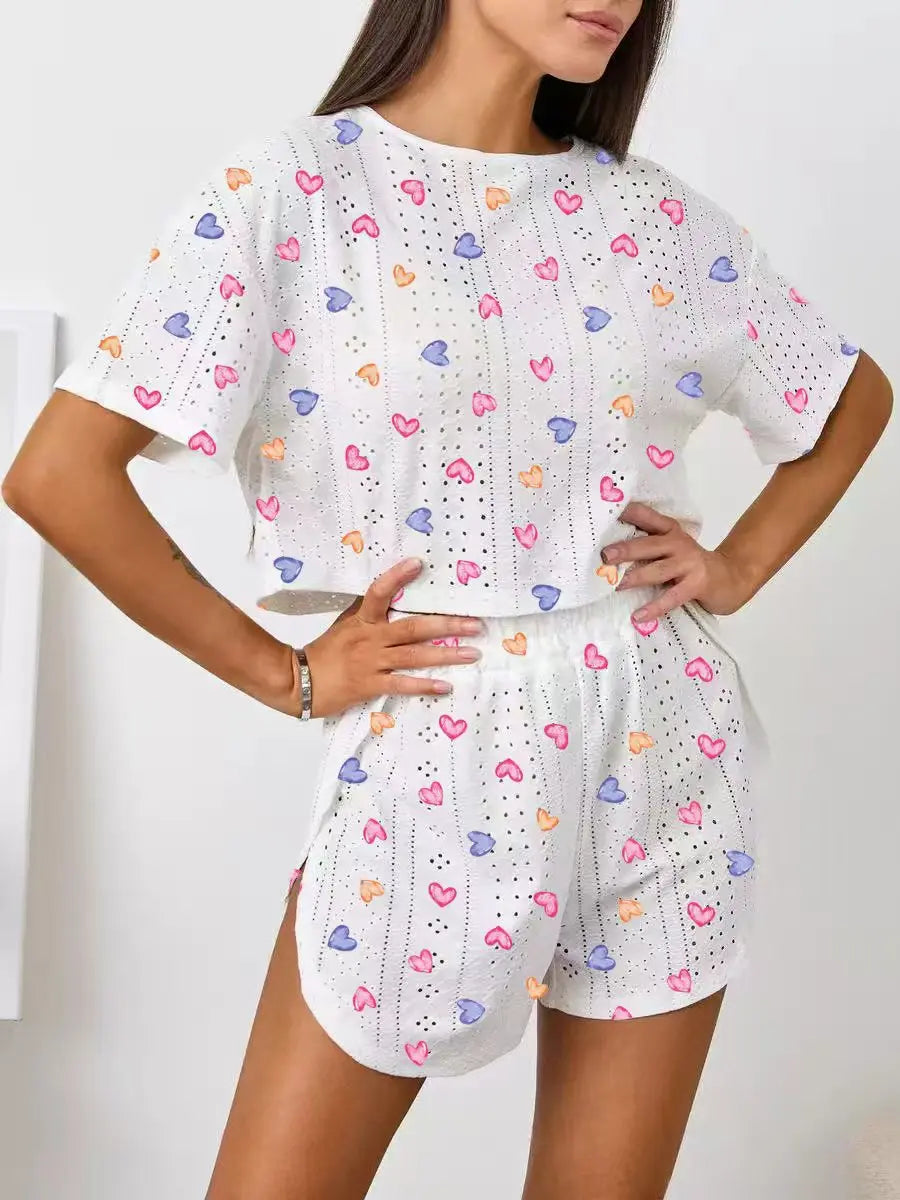 Women Pajamas Set Women's Short Sleeve Shorts Jacquard Print Summer Fashion Two-piece Pajamas Homewear Set Loungewear for Women