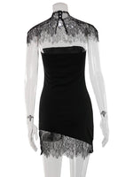 Ahagaga Sexy Women's Mini Dresses Solid Patchwork Lace Slash Sleeveless Sheath Bodycon Sheer Regular Casual Streetwear Vestidos