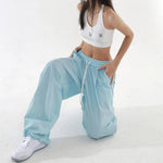 Women Sport Pants Wide Leg Elastic Waist Adjustable Drawstring Long Pants Solid Color Leisure Travel Cargo Trousers