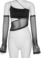 Asymmetrical Cut Out Mesh Crop Top with Sleeves Fairy GrungeClothes Transparent Camisole Tank Tops